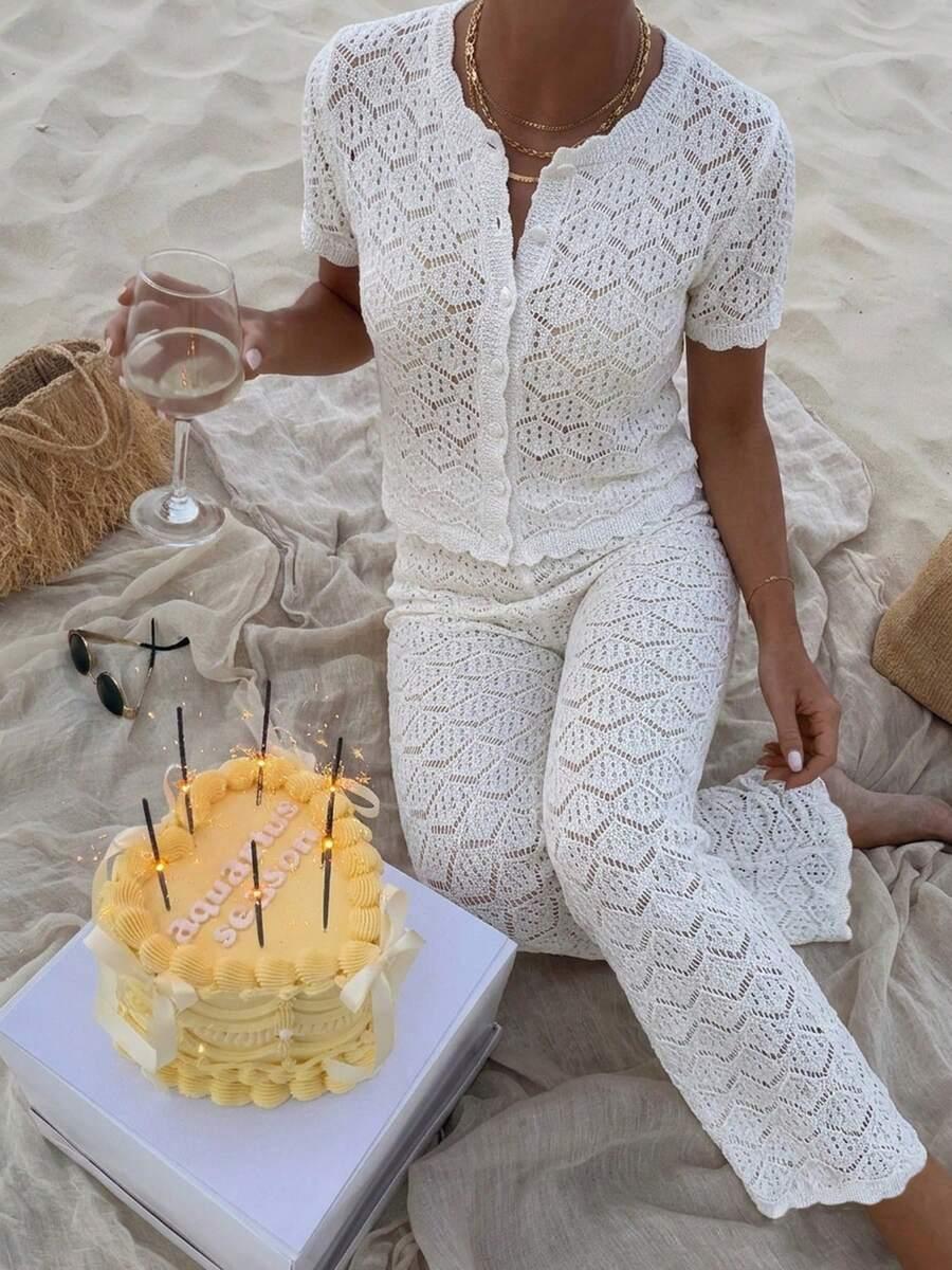 SHEIN BIAŁY KOMPLET TOP SPODNIE S06__S
