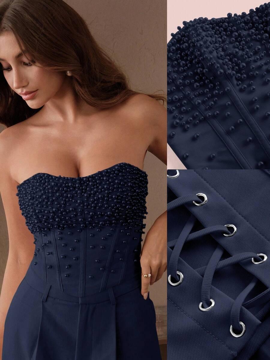 SHEIN GRANATOWY TOP ZDOBIENIE S06__S