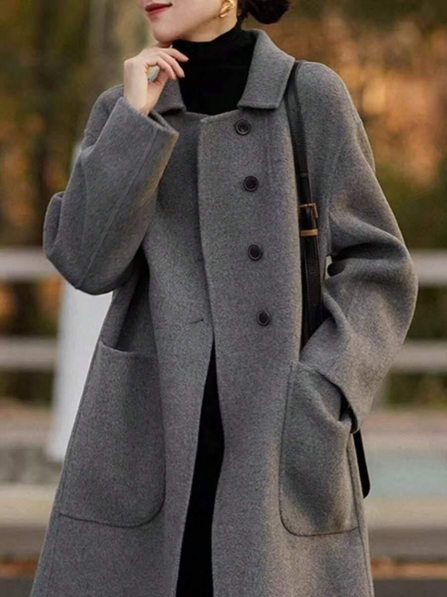 SHEIN KLASYCZNY SZARY PŁASZCZ JEDNORZĘDOWY GUZIKI W01__XL
