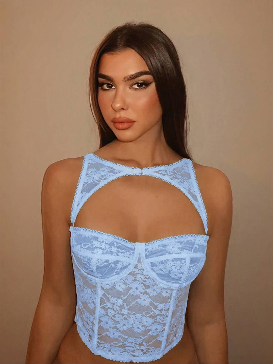 SHEIN NIEBIESKI GORSETOWY TOP KORONKA S06__L