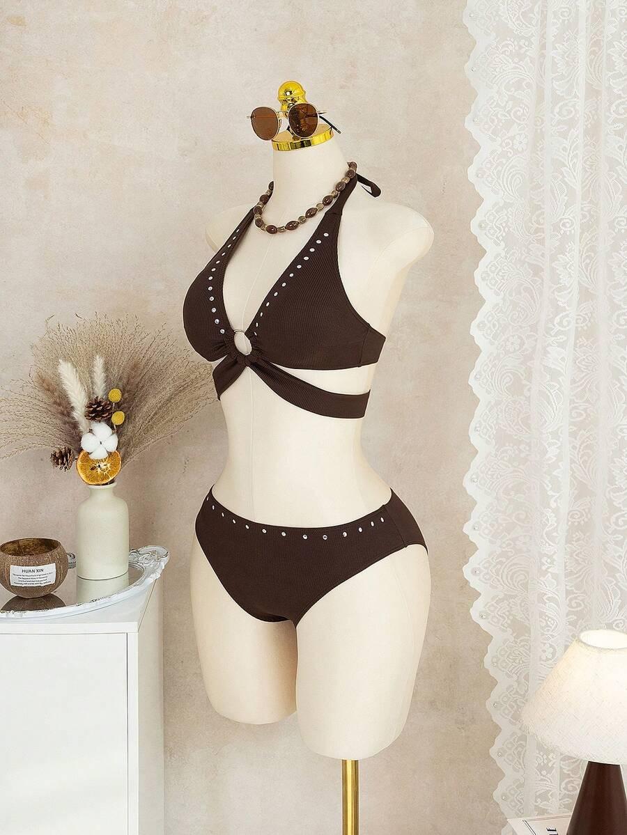 SHEIN BRĄZOWY KOMPLET BIKINI DŻETY S09__M
