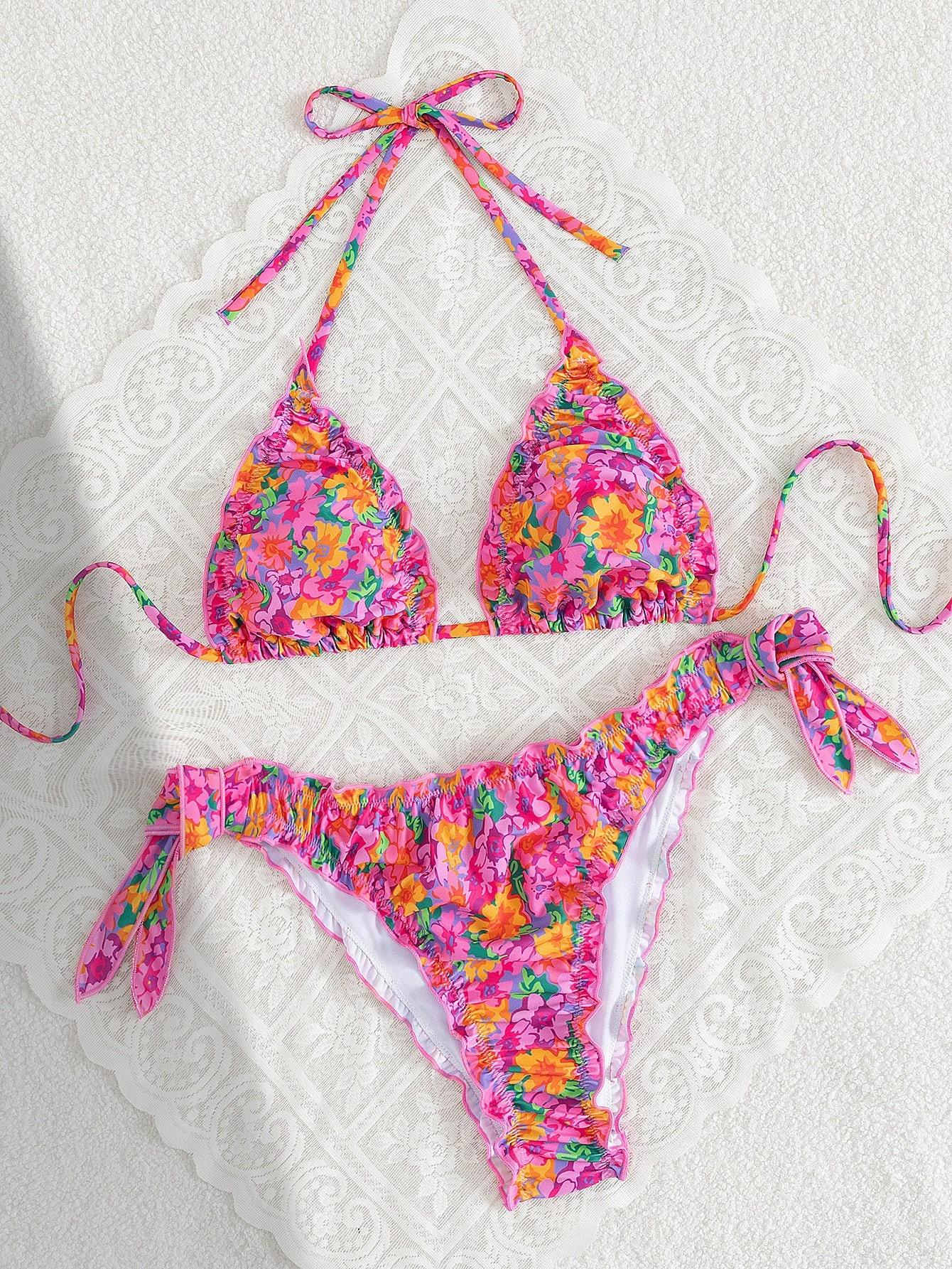 SHEIN DWUCZĘŚCIOWY STRÓJ KĄPIELOWY KWIATY WIĄZANIE