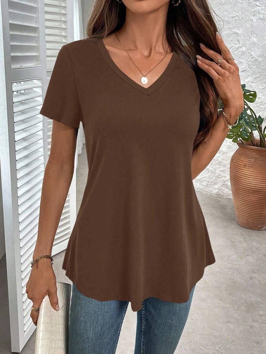 EMERY ROSE BRĄZOWA BLUZKA V-NECK S06__S