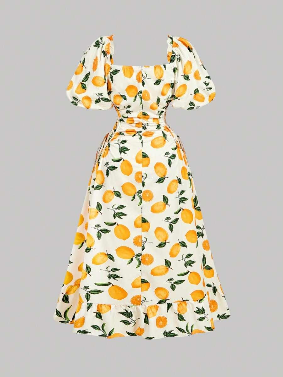 SHEIN MIDI SUKIENKA KRÓTKI RĘKAW WZÓR CYTRYNY S06__48