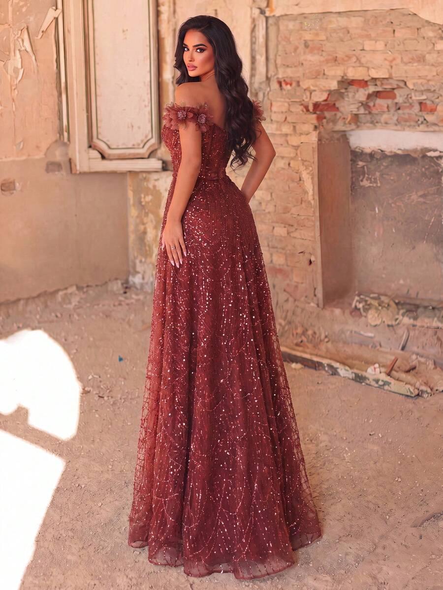 FAERIESTY BORDOWA MAXI SUKIENKA ODKRYTE RAMIONA ZDOBIENIE S06__M