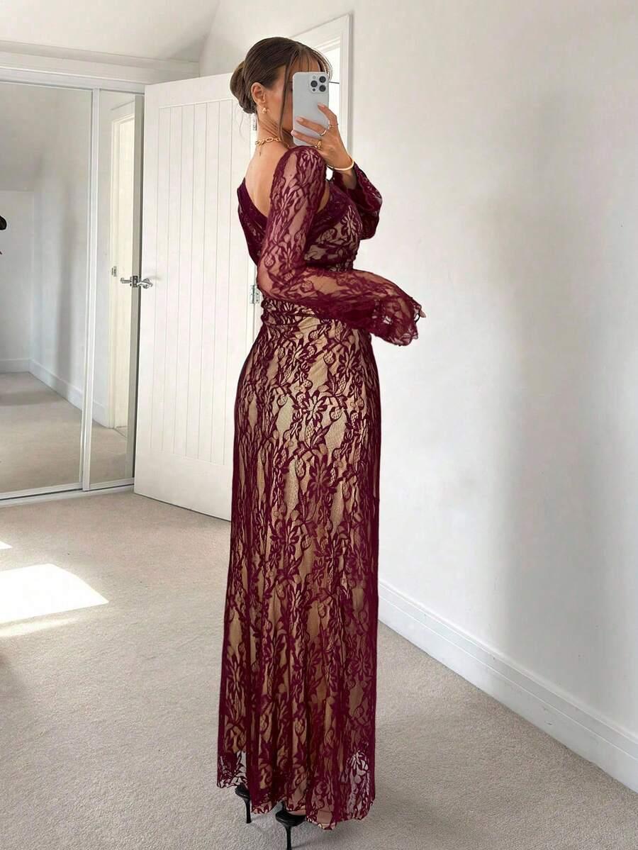 SHEIN CZERWONA MAXI SUKIENKA KORONKA S06__L