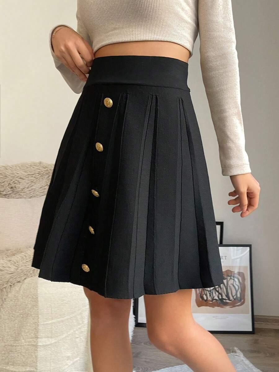 SHEIN CZARNA PLISOWANA SPÓDNICA GUZIKI S09__M