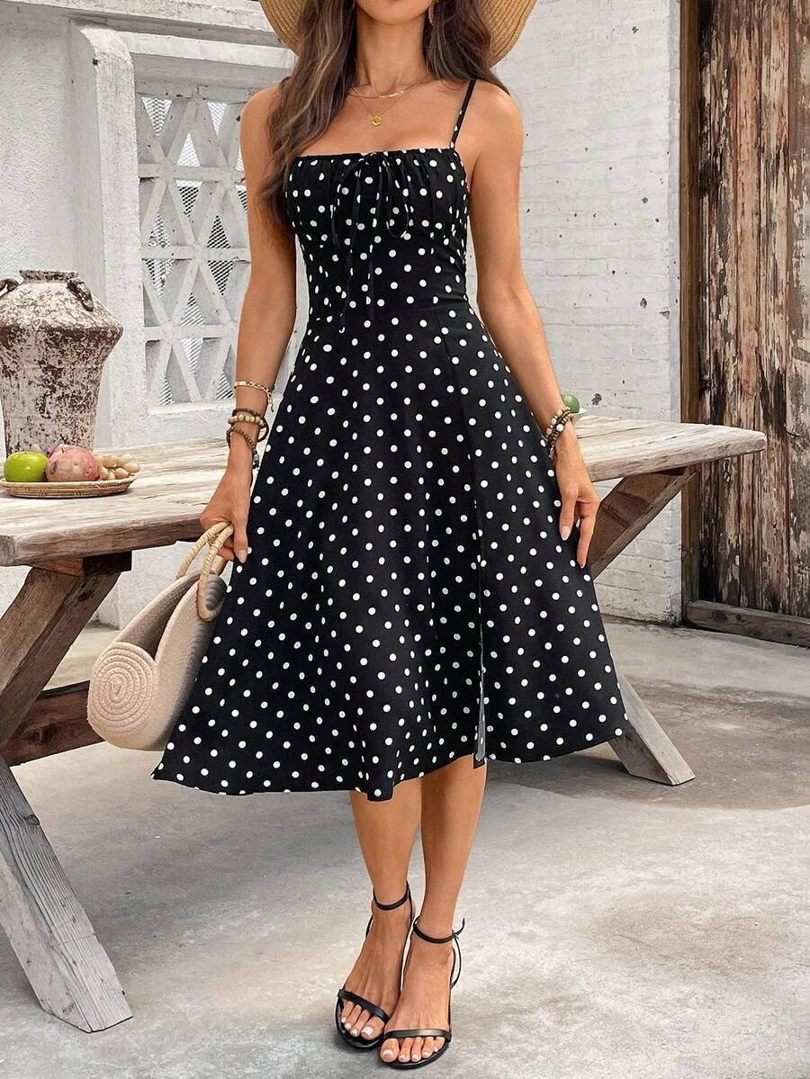 BREEZAYA CZARNA MIDI SUKIENKA WZÓR GROSZKI S09__L