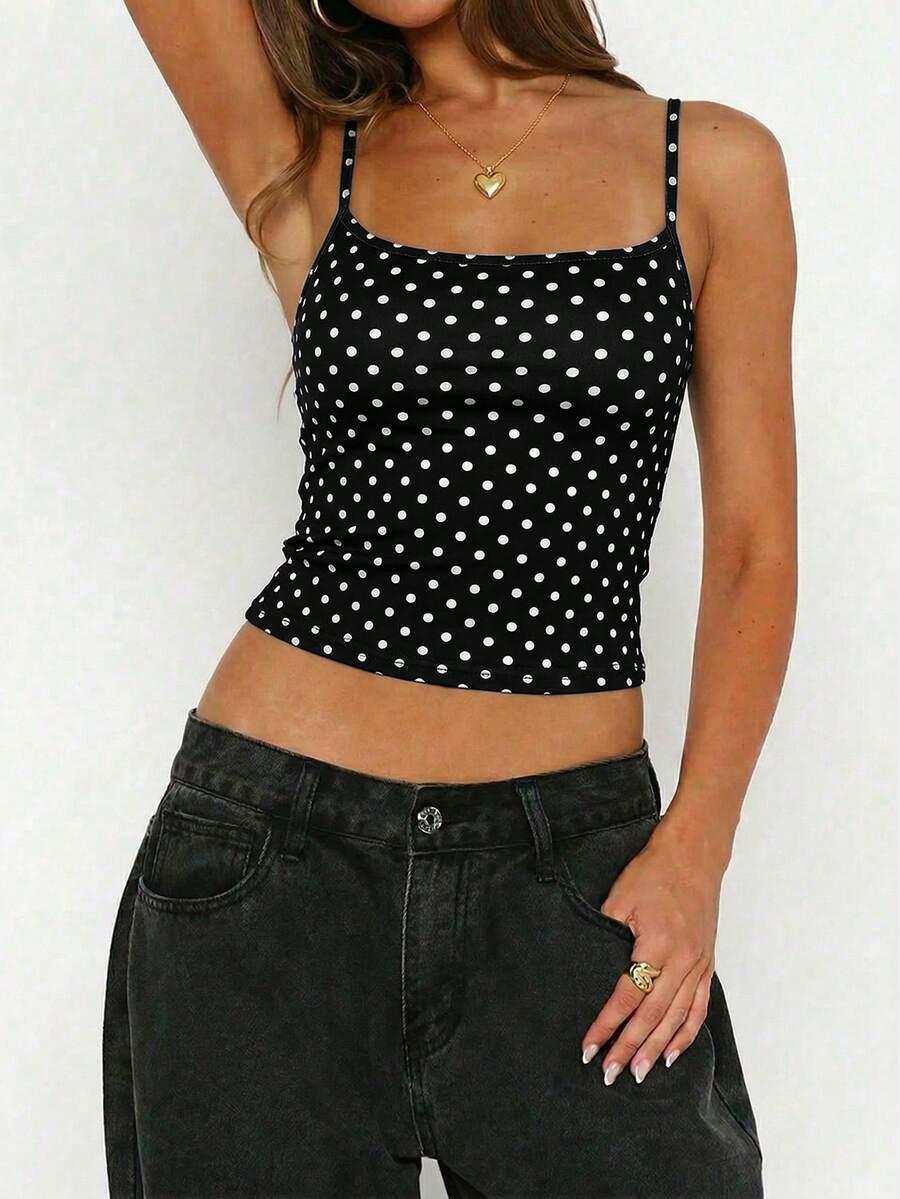 SHEIN CZARNY TOP NA RAMIĄCZKACH GROSZKI S06__M