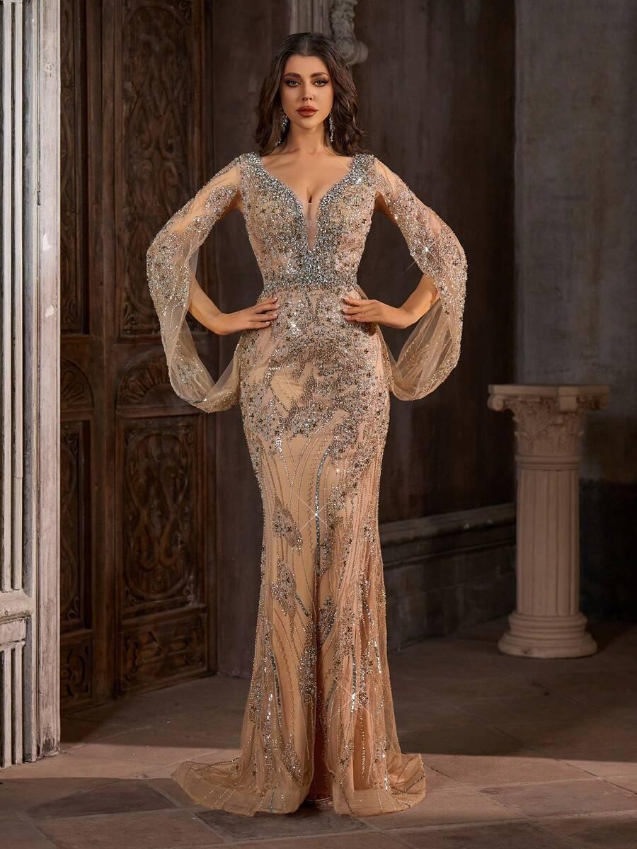 SHEIN BEŻOWA MAXI SUKIENKA ZDOBIENIE S06__XXL