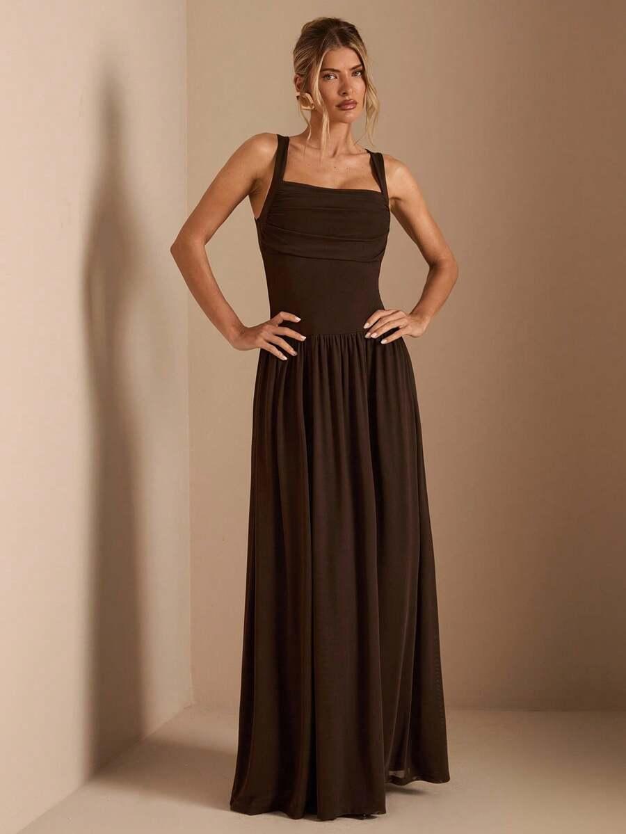 SHEIN BRĄZOWA MAXI SUKIENKA S09__L