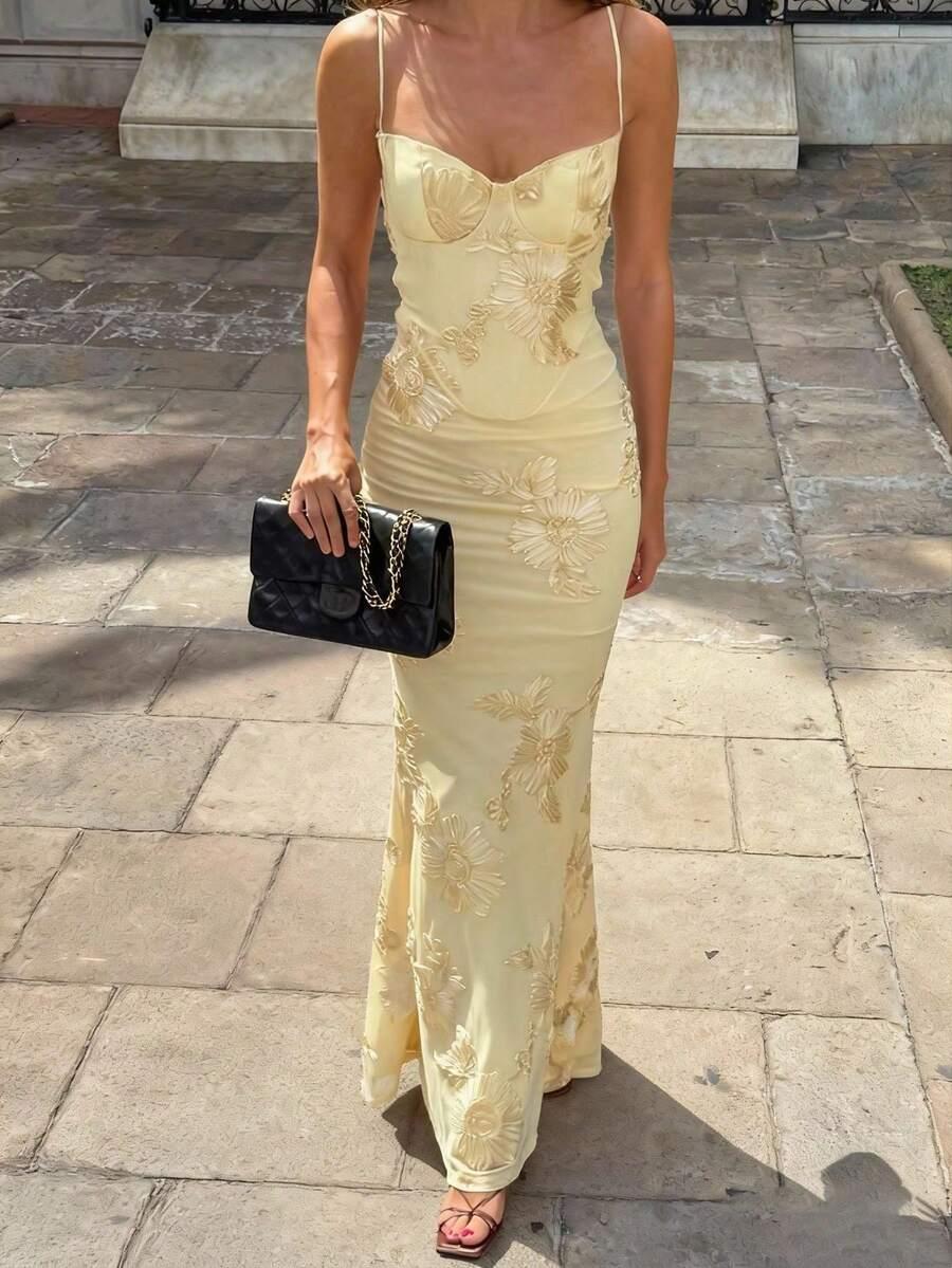 SHEIN ŻÓŁTA MAXI SUKIENKA ODKRYTE PLECY KWIATY 3D S06__XL