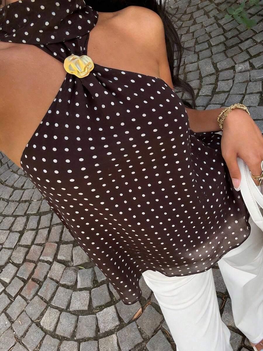 SHEIN BRĄZOWY TOP W GROSZKI S06__L