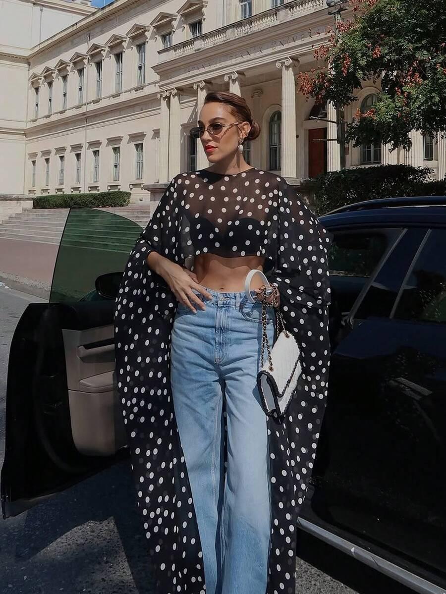 SHEIN ASYMETRYCZNA BLUZKA WZÓR GROSZKI S06__M