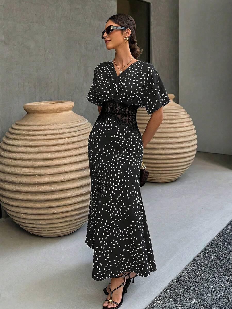 SHEIN MAXI SUKIENKA WZÓR GROSZKI KORONKA S09__L
