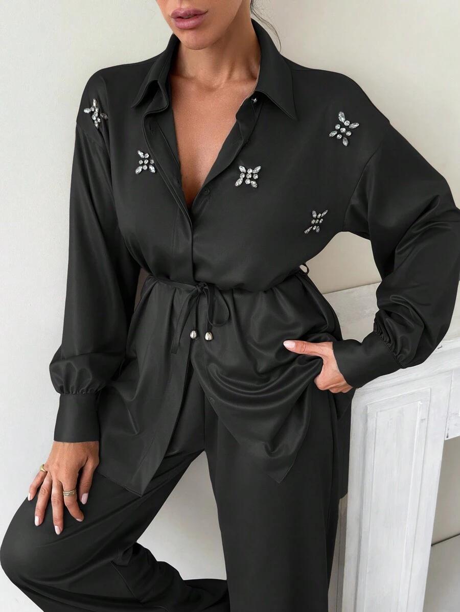 SHEIN CZARNY KOMPLET KOSZULA SPODNIE ZDOBIENIA S06__M