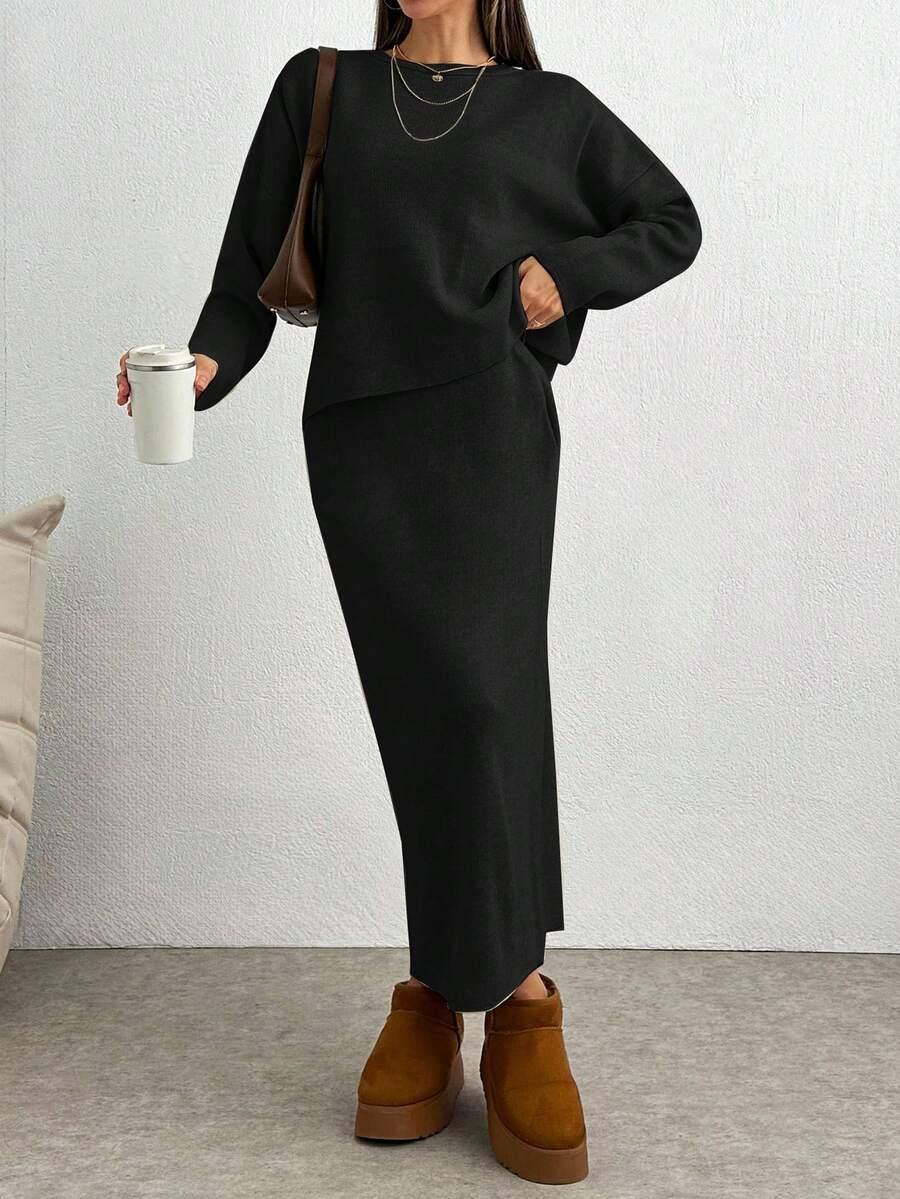 SHEIN CZARNA DZIANINOWA MAXI SPÓDNICA PK01__L