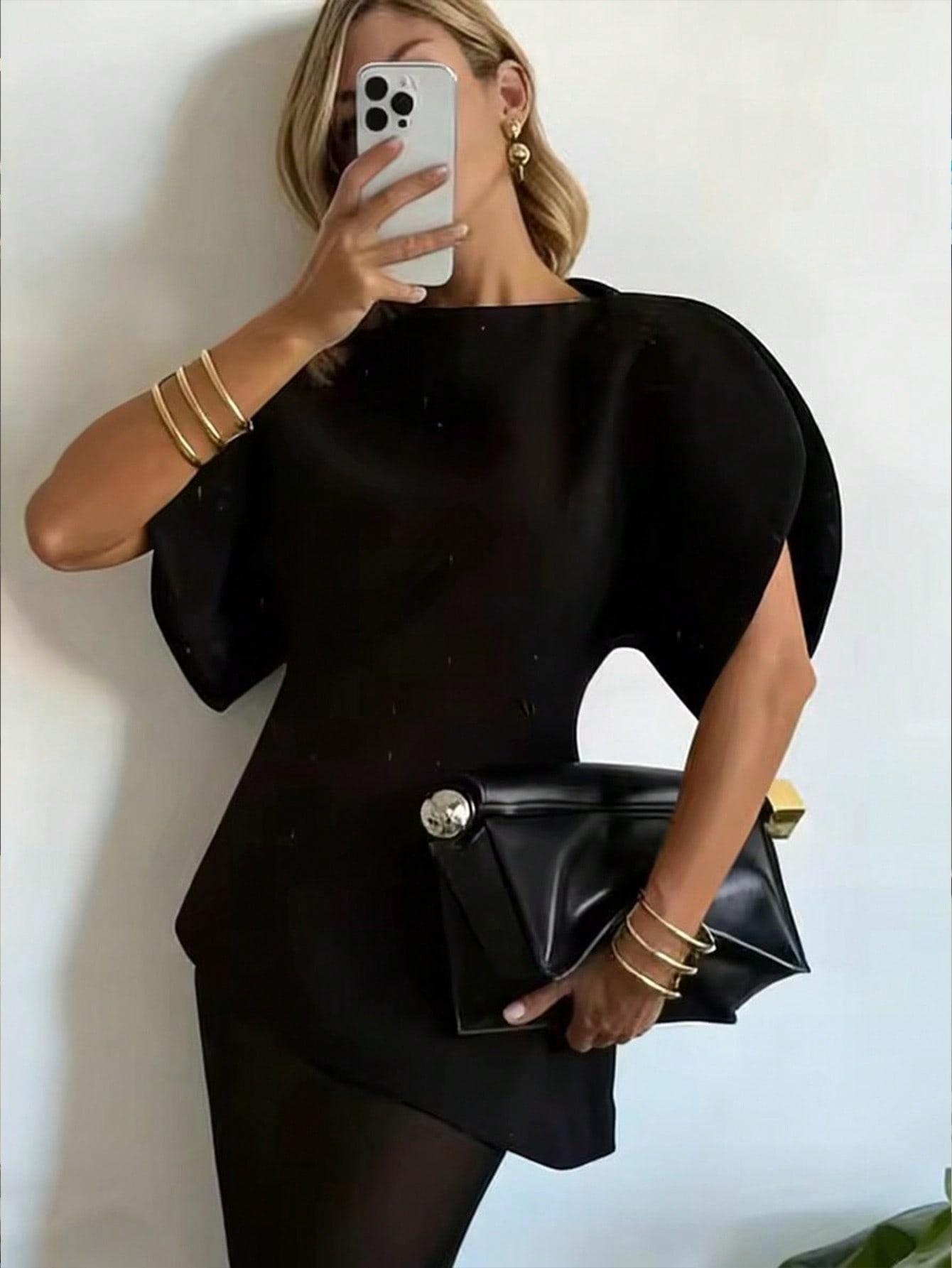 SHEIN CZARNA BLUZKA Z KRÓTKIM RĘKAWEM S06__S