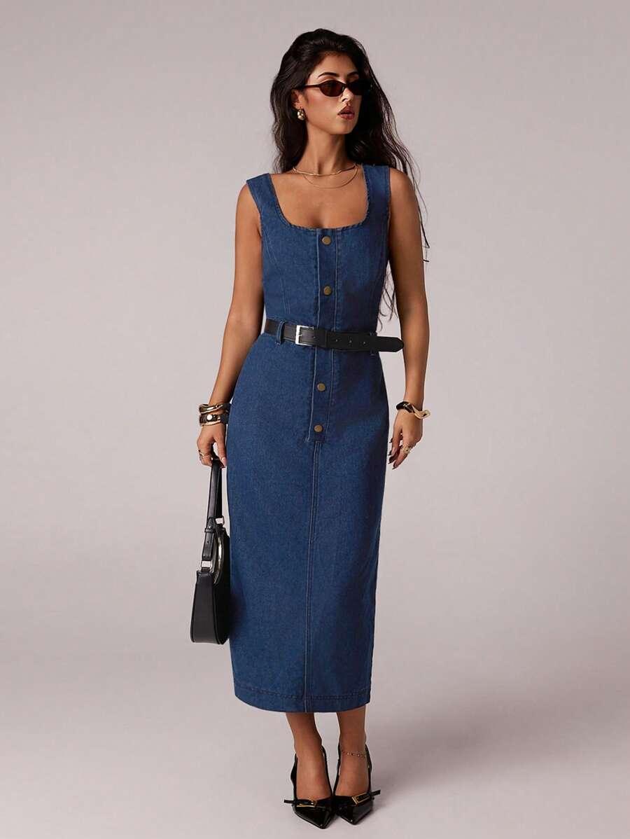 AVANTIVE GRANATOWA SUKIENKA JEANS GUZIKI S06__M
