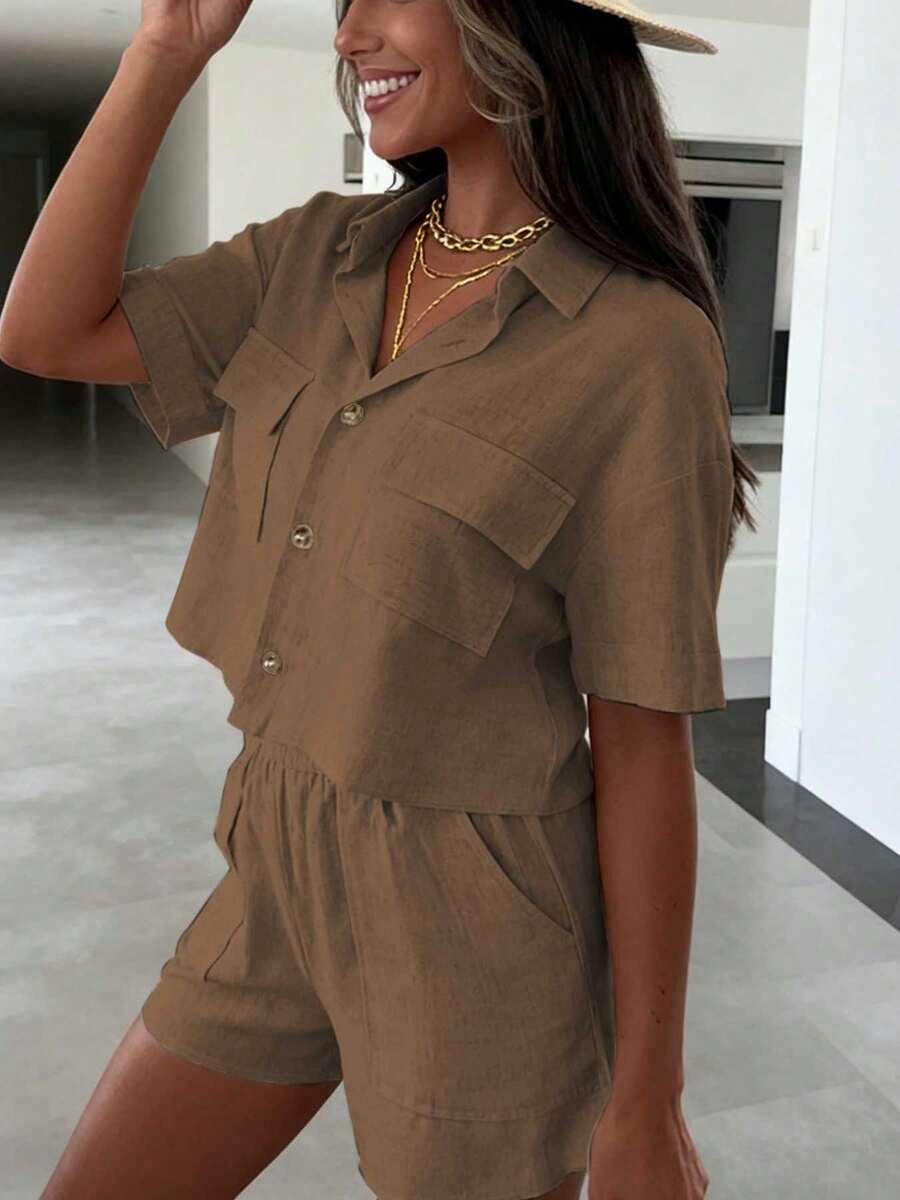 SHEIN BRĄZOWA KOSZULA KRÓTKI RĘKAW S06__L