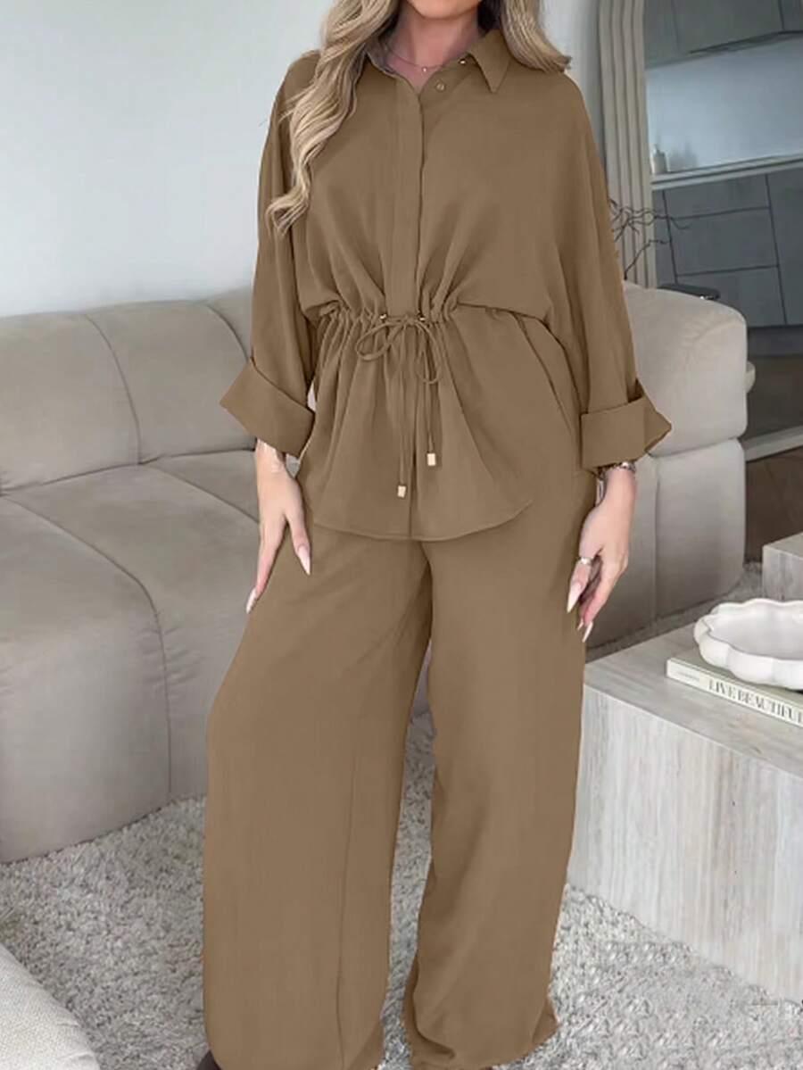 SHEIN BRĄZOWA BLUZKA SPODNIE KOMPLET S06__L