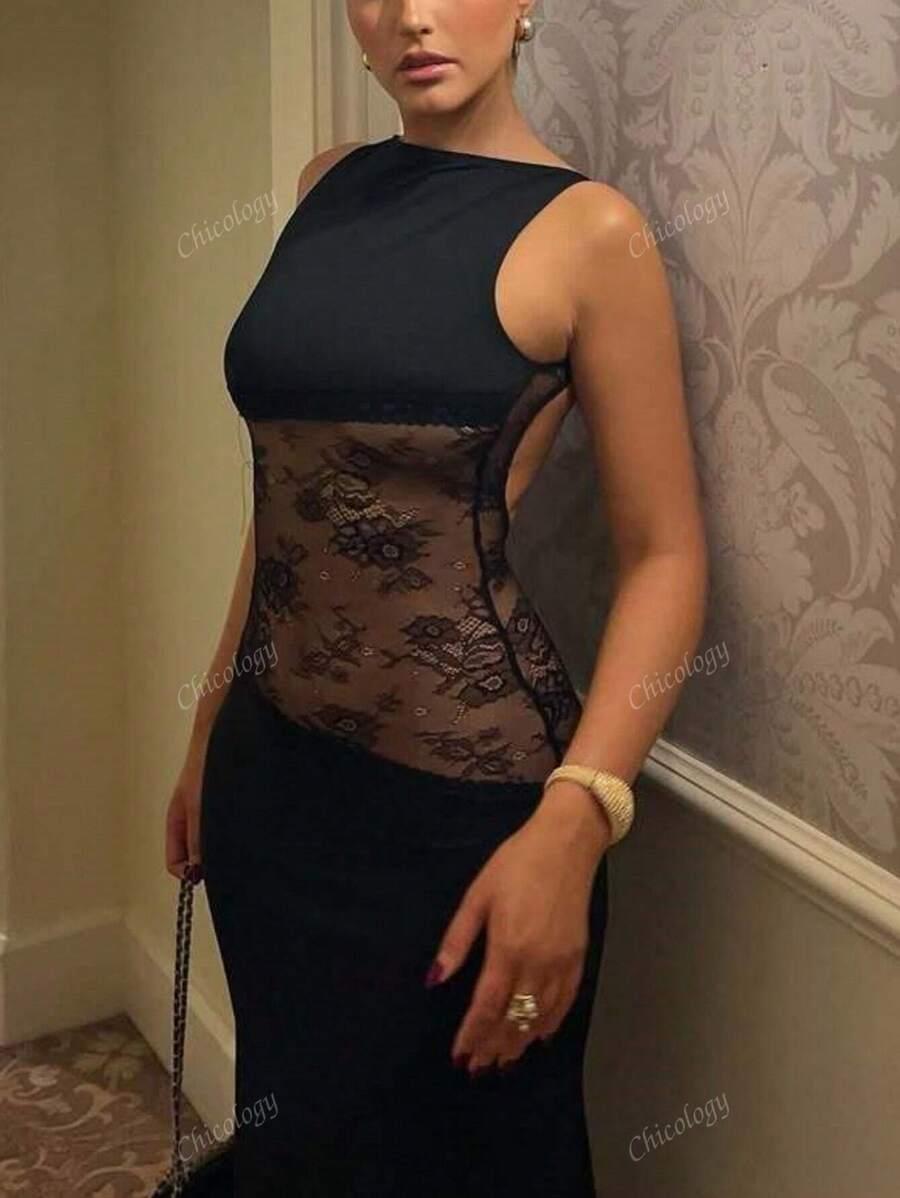 SHEIN CZARNA MAXI SUKIENKA KORONKA