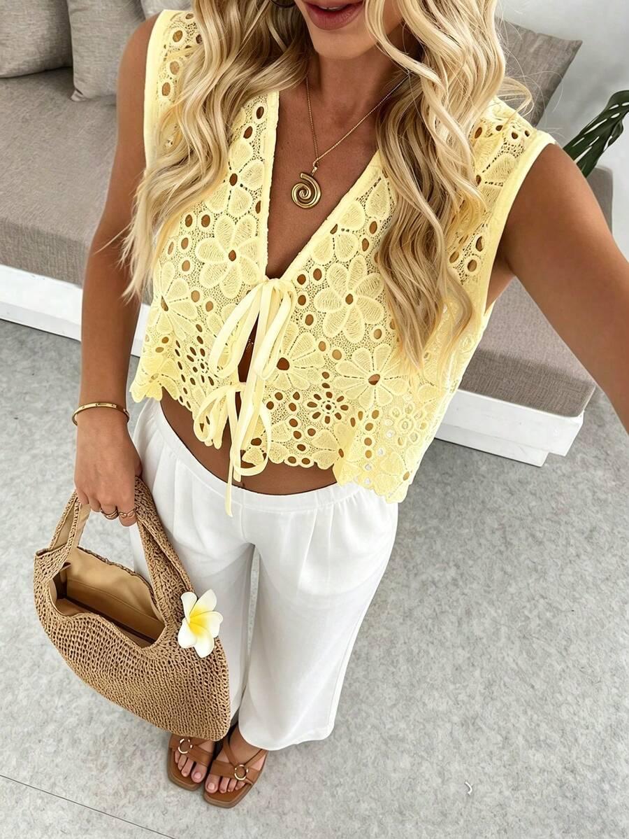 SHEIN ŻÓŁTA BLUZKA WIĄZANIE KORONKA S09__M