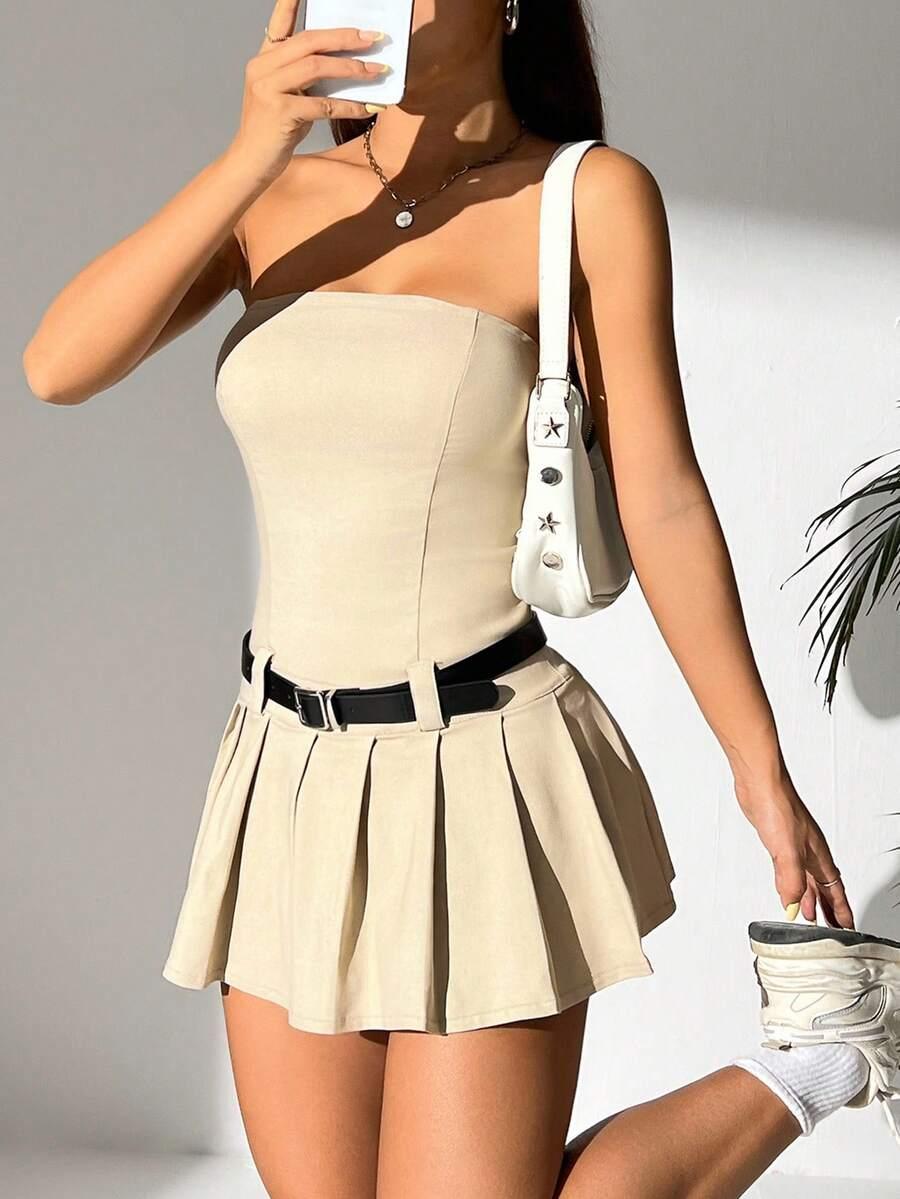 SHEIN BEŻOWA MINI SUKIENKA ODKRYTE RAMIONA Z DOMIESZKĄ JEDWABIU S06__XS