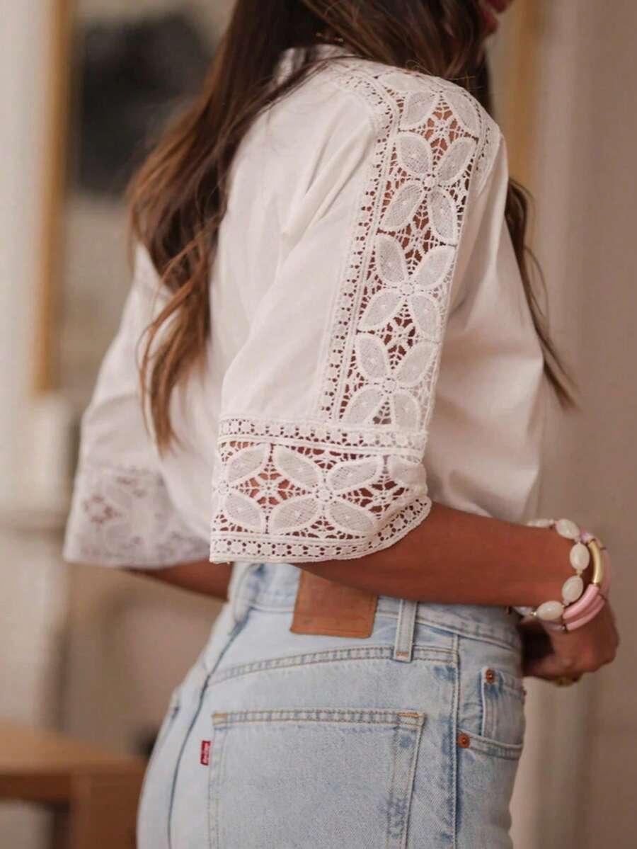 SHEIN BIAŁA BLUZKA WSTAWKI KORONKA PK01__M