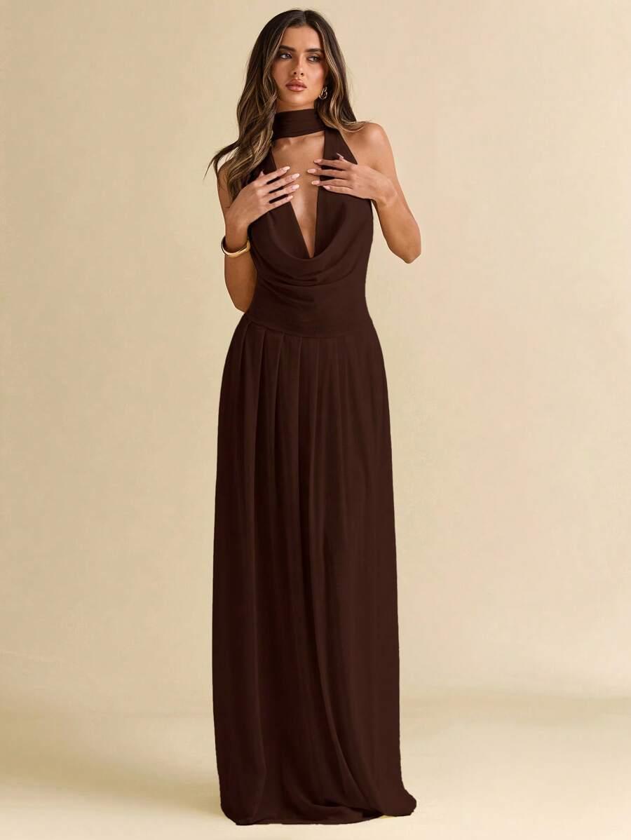 SHEIN BRĄZOWA MAXI SUKIENKA S06__S
