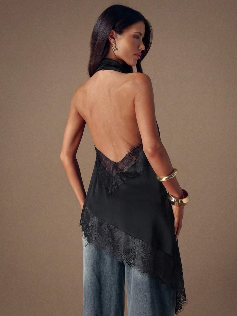 SHEIN CZARNY SATYNOWY TOP ASYMETRIA S06__S