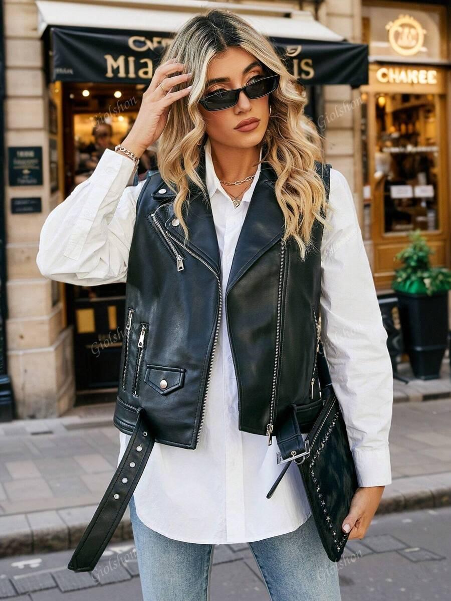GIOLSHON CZARNA KAMIZELKA IMITACJA SKÓRY