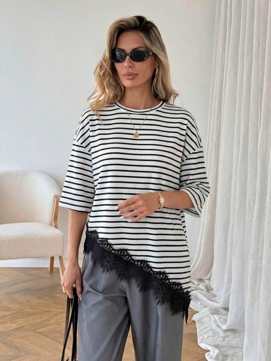 SHEIN BLUZKA WZÓR PASKI OKRĄGŁY DEKOLT S06__S