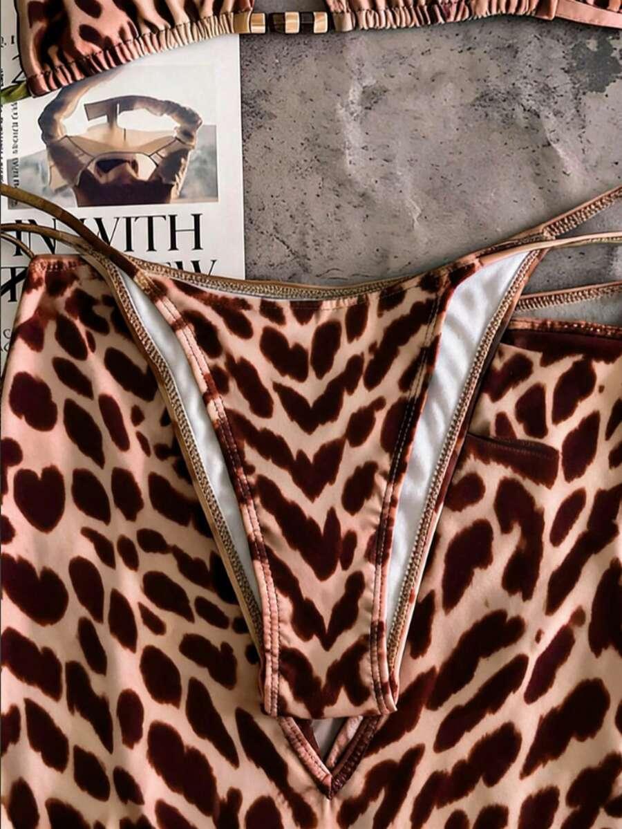 SHEIN TRZYCZĘŚCIOWY STRÓJ KĄPIELOWY ANIMAL PRINT PK01__L
