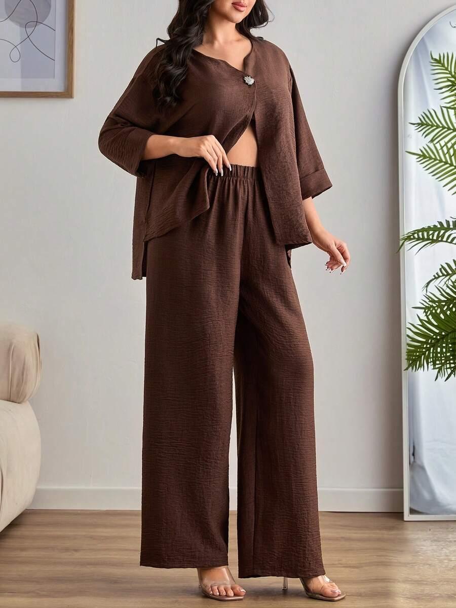 SHEIN BRĄZOWY KOMPLET BLUZKA SPODNIE S09__46