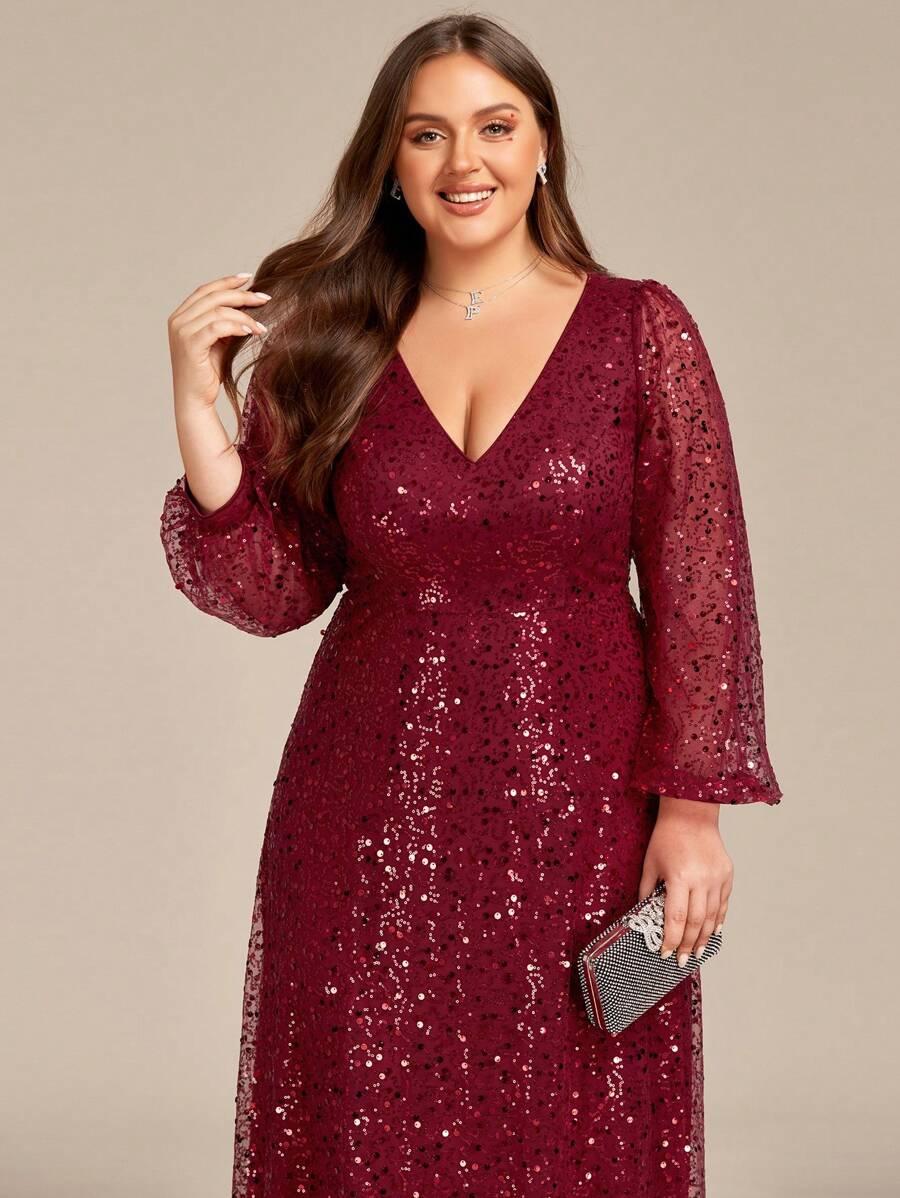 EVERPRETTY CZERWONA MAXI SUKIENKA ZDOBIENIE CEKINY V-NECK S06__50