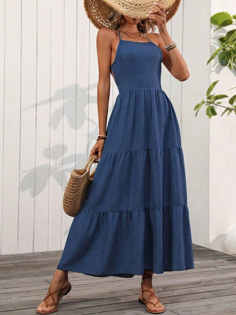 BREEZAYA NIEBIESKA MAXI SUKIENKA ODKRYTE PLECY S06__S