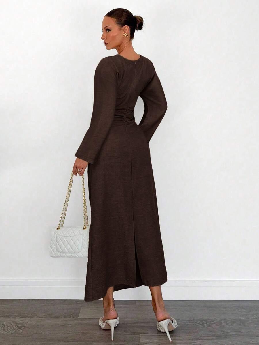 SHEIN BRĄZOWA MAXI SUKIENKA DŁUGI RĘKAW S06__S