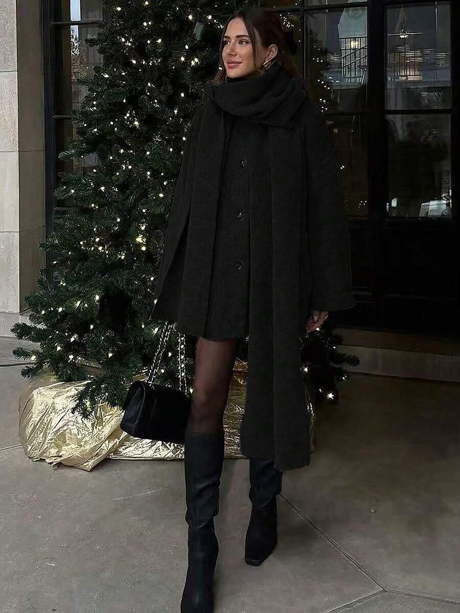 SHEIN CZARNY PŁASZCZ Z SZALIKIEM W01__L