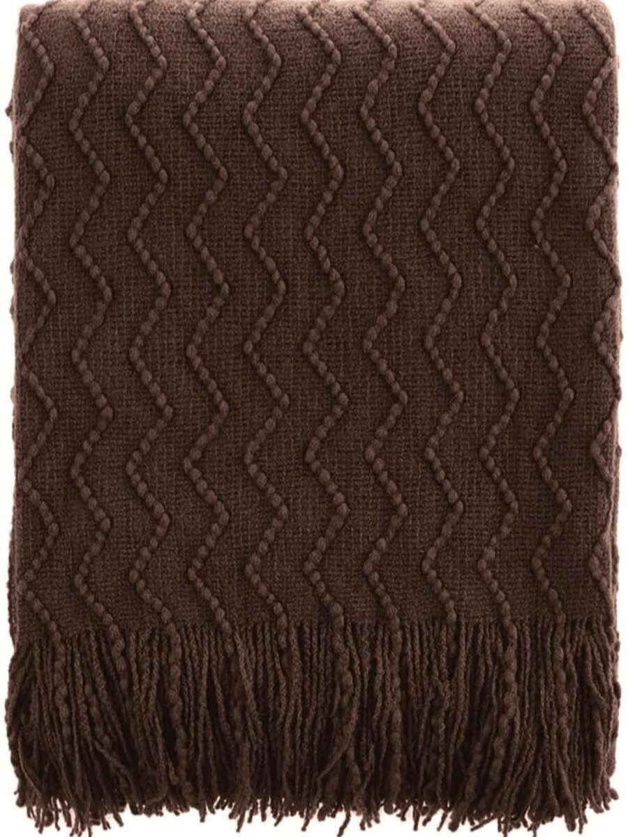 SHEIN BRĄZOWY KOC STRUKTURA FRĘDZLE W01__127X152