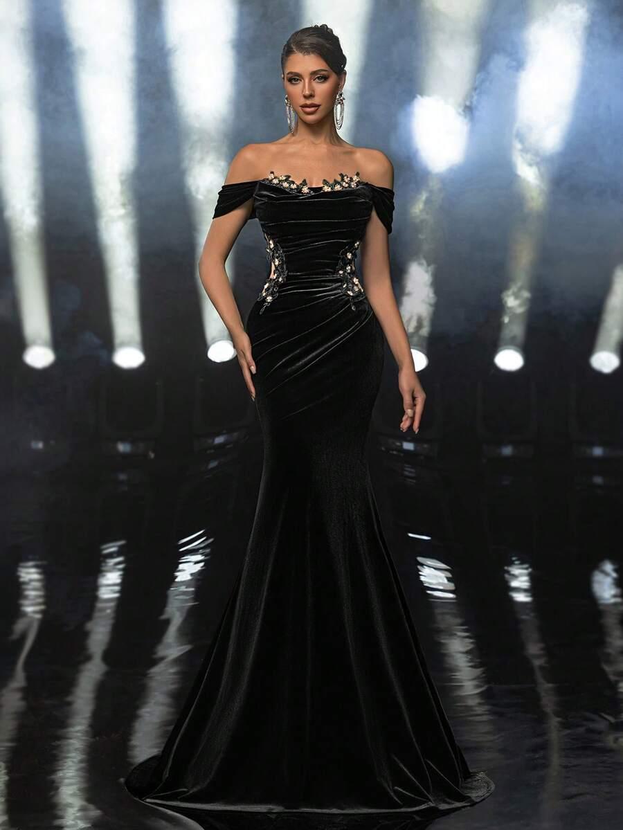 GLAMRAE CZARNA MAXI SUKIENKA ZDOBIENIE S06__M