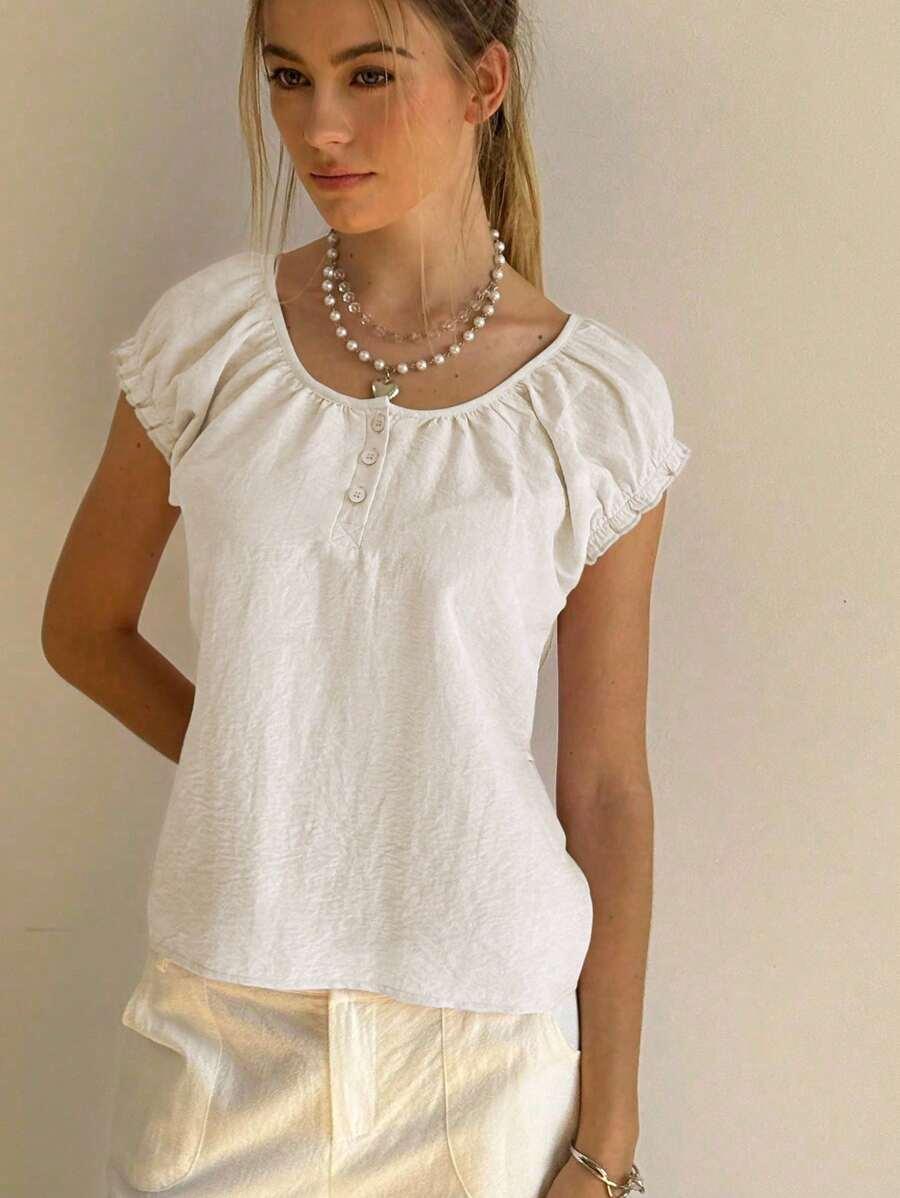 SHEIN BEŻOWA BLUZKA KRÓTKI RĘKAW S06__S