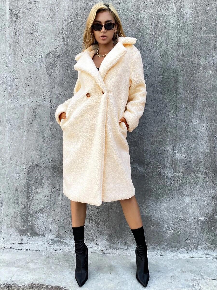 SHEIN KREMOWY PŁASZCZ MIŚ GUZIKI W01__M