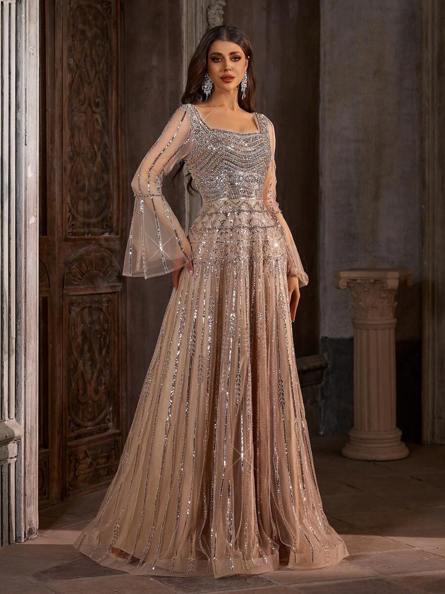 SHEIN BEŻOWA MAXI SUKIENKA ZDOBIENIE S06__M