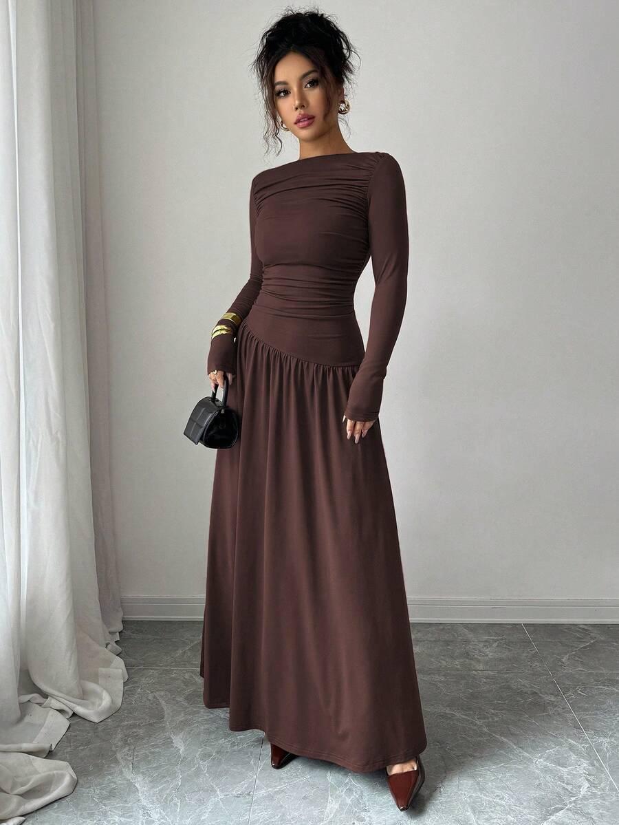 SHEIN BRĄZOWA MAXI SUKIENKA S06__S