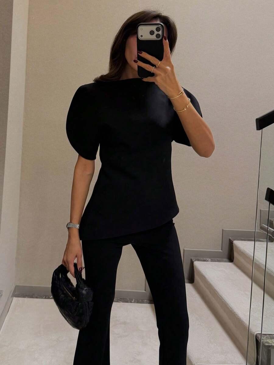SHEIN CZARNA BLUZKA KRÓTKI RĘKAW S06__M