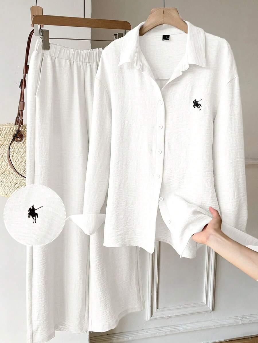 SHEIN BAWEŁNIANY BIAŁY KOMPLET KOSZULA SPODNIE CASUAL PK01__L