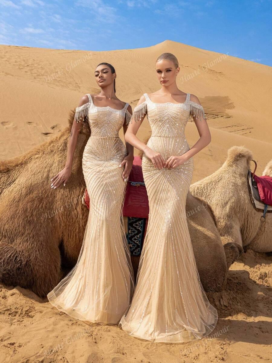 SHEIN BEŻOWA MAXI SUKIENKA ZDOBIENIE POŁYSK S06__XS