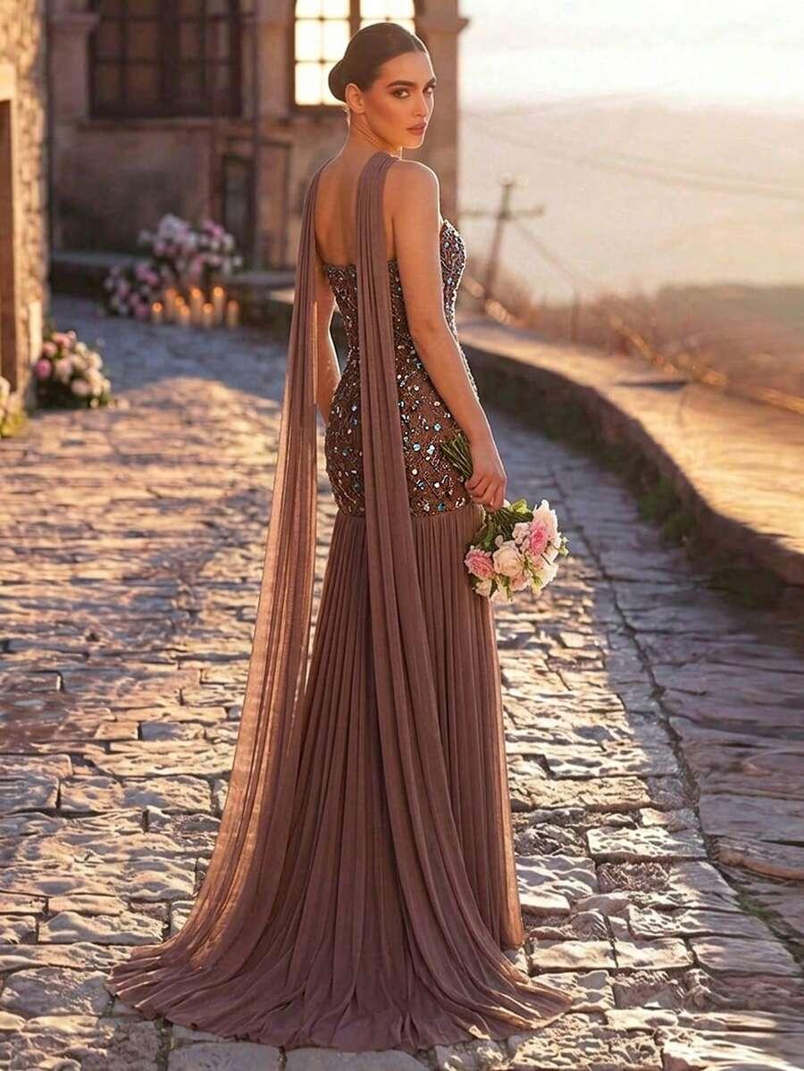 GLAMRAE BRĄZOWA MAXI SUKIENKA S06__XS