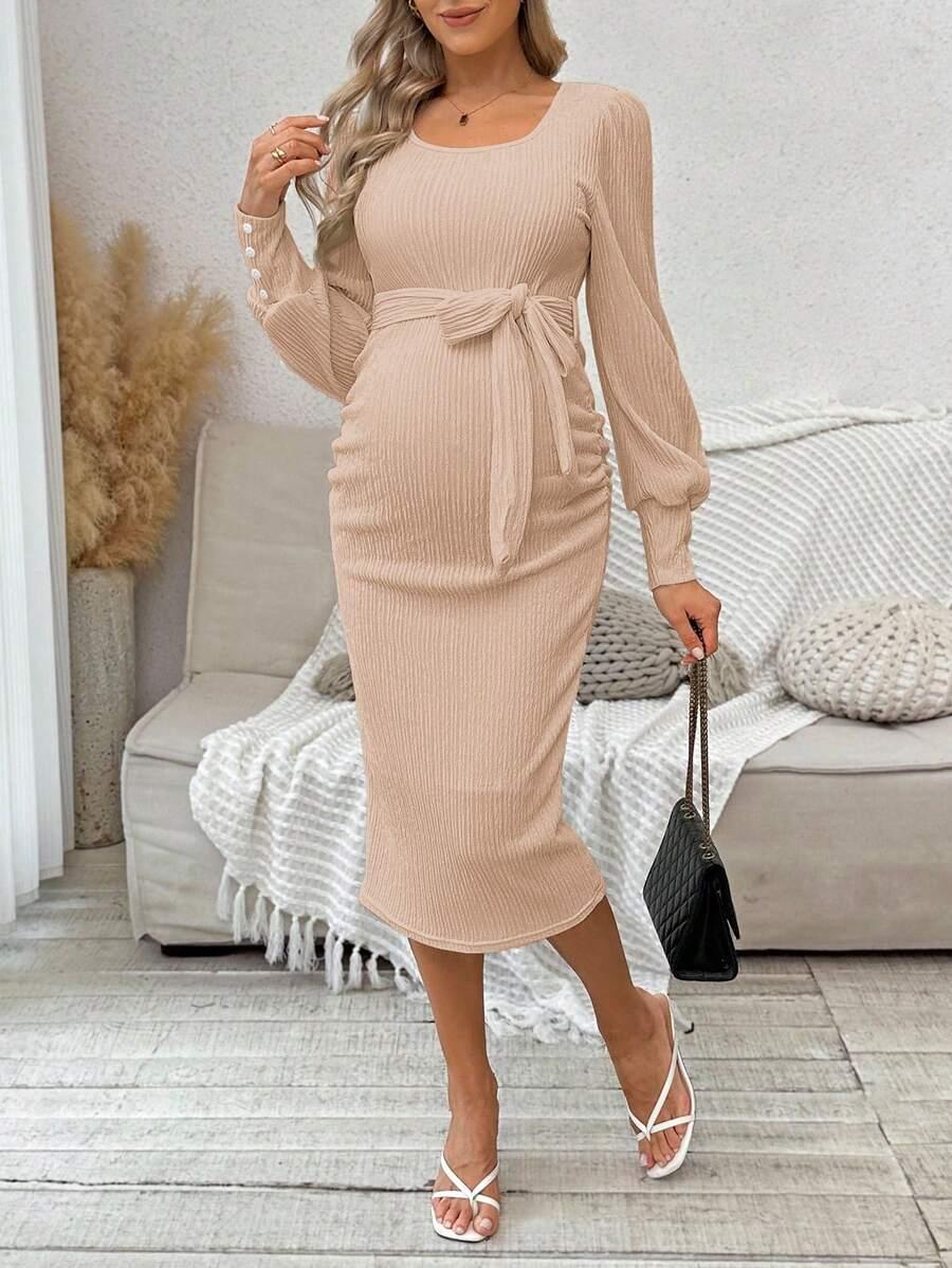 SHEIN BEŻOWA CIĄŻOWA MIDI SUKIENKA TEKSTURA BUFKI S06__L